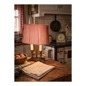 Vintage 40s 50s Brass 2 Candle Plaid Shade Table Lamp Country Kitchen Farmhouse